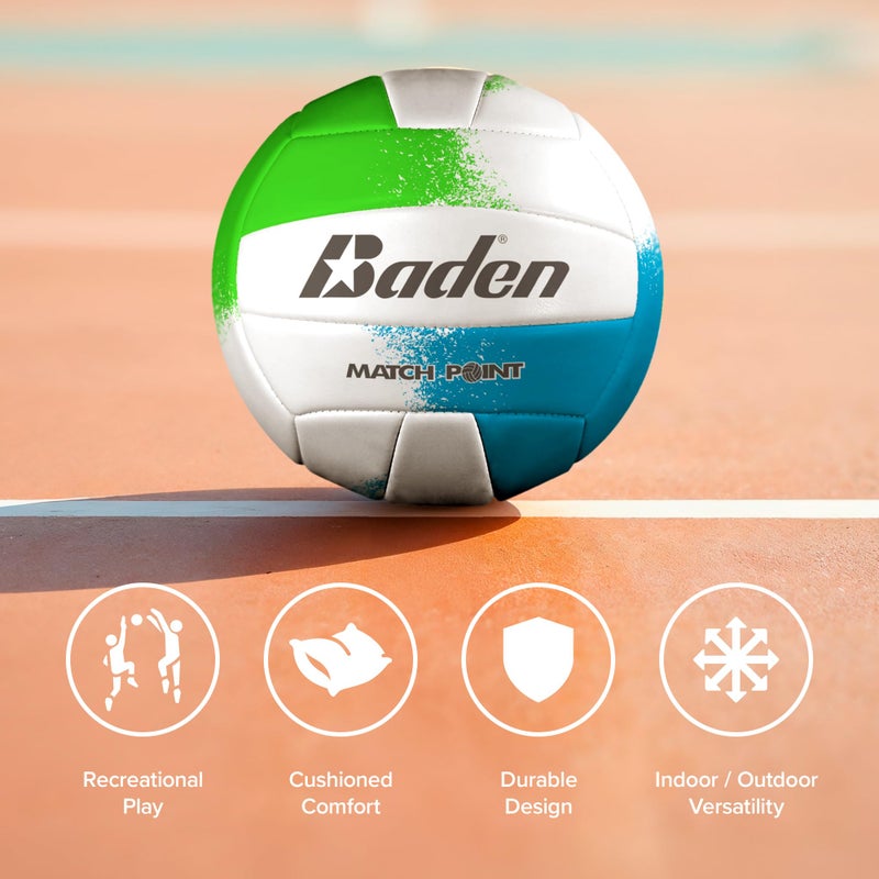 Baden | Match Point | Cushioned Synthetic Leather | Outdoor Recreation Backyard Volleyball + College Camp Ball | All Ages | Official Size 5 | Neon Green/Blue/White - Image 4
